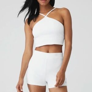 Alo Yoga Goddess Ribbed Cross Crop White Top XS